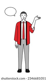 Senior man wearing a red happi coat giving directions, with a wipeout, Vector Illustration