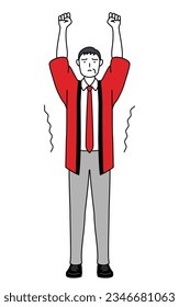 Senior man wearing a red happi coat stretching and standing tall, Vector Illustration