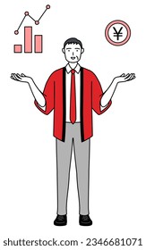 Senior man wearing a red happi coat guiding an image of DX, performance and sales improvement, Vector Illustration