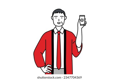 Senior man wearing a red happi coat using a smartphone at work, Vector Illustration