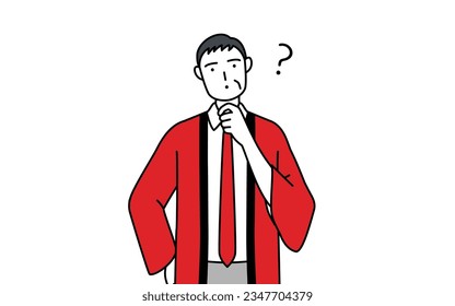 Senior man wearing a red happi coat nodding his head in question, Vector Illustration