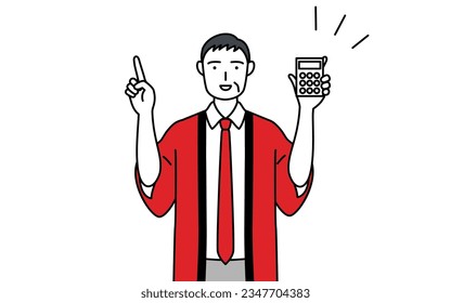 Senior man wearing a red happi coat holding a calculator and pointing, Vector Illustration