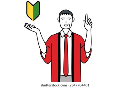 Senior man wearing a red happi coat showing the symbol for young leaves, Vector Illustration