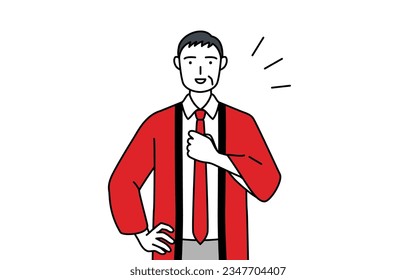 Senior man wearing a red happi coat tapping his chest, Vector Illustration