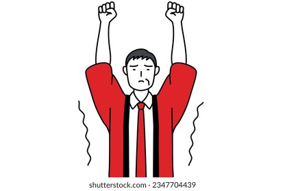 Senior man wearing a red happi coat stretching and standing tall, Vector Illustration