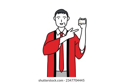 Senior man wearing a red happi coat recommending credit card payment, Vector Illustration