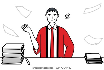 Senior man wearing a red happi coat who is fed up with his unorganized business, Vector Illustration