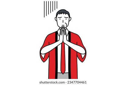 Senior man wearing a red happi coat apologizing with his hands in front of his body, Vector Illustration