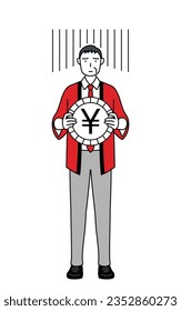 Senior man wearing a red happi coat an image of exchange loss or yen depreciation, Vector Illustration