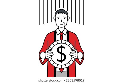 Senior man wearing a red happi coat an image of exchange loss or dollar depreciation, Vector Illustration
