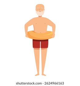 Senior man wearing swimming trunks is holding an inflatable ring, getting ready for a swim