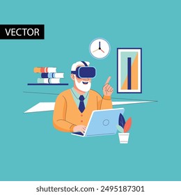 Senior man wearing VR headset. Vector illustration. Elderly people and technology.