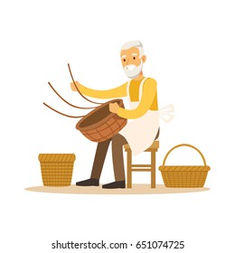 Senior man weaving baskets, craft hobby or profession colorful character vector Illustration