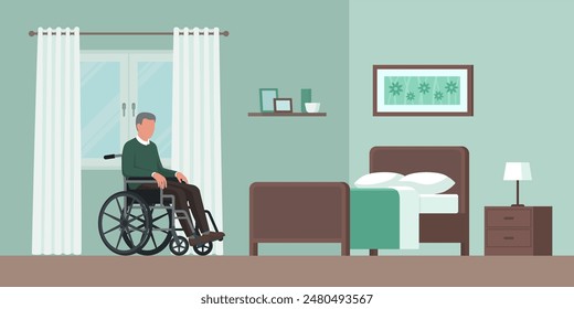 Senior man in a wheelchair and bedroom interior, senior care and accessibility concept