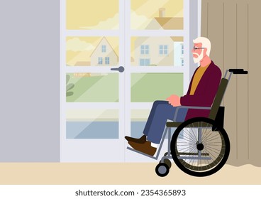 Senior man in a wheelchair gazing towards the door, awaiting for his beloved family