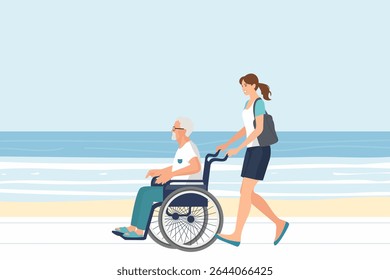 Homem sênior em uma cadeira de rodas indo para um passeio em férias de praia com um cuidador no verão. Mulheres e idosos viajam juntos para o exterior enquanto relaxam no ar fresco e na luz do sol durante as férias