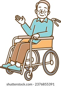 Senior man in a wheelchair raising his right hand