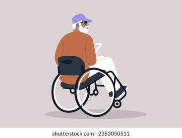 A senior man in a wheelchair, seen from behind, reading a daily newspaper