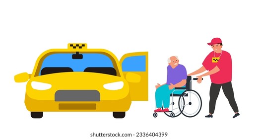 senior man in wheelchair and taxi driver helps him disabled people transportation vector illustration