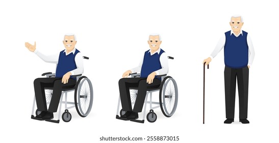 Senior man in wheelchair and with walking stick