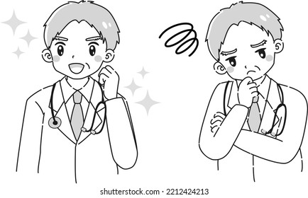 A senior man in a white coat with an excited expression and a troubled expression illustration set