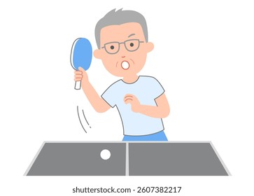 A senior man who enjoys his hobby of playing table tennis. This is a friendly and cute illustration with a 3.5 head body. The simple colors make it easy to use.