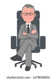 The senior man who sits down on a chair with a smile