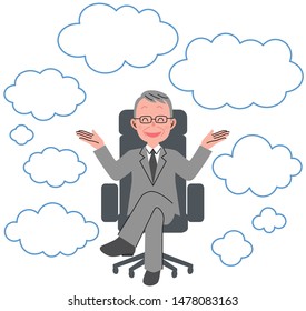 The senior man who sits down on a chair and speech bubble