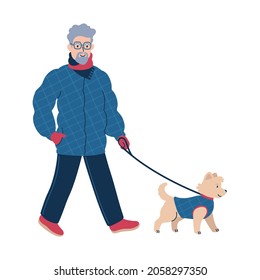 A Senior Man In Winter Puffer Coat Is Walking A Dog In Matching Warm Jumper. Cosy Outdoor Winter Scene. Flat Style Isolated Vector Illustration.