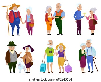 Senior man and woman activities. Grandparents day. Grandpa and grandma. Elderly couple. Cartoon vector illustration.