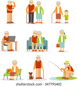 Senior Man And Woman Activities - Walking, Fishing, Using Mobile Phone And Computer