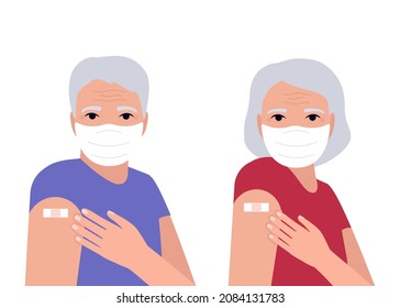 Senior man and woman after immune vaccination show hand with patch. Protection hand with bandage after receiving inoculation. Concept vaccine coronavirus. Vector illustration