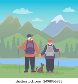 Hombre mayor y mujer con mochilas y bastones de senderismo junto con puestos de perros disfrutando del paisaje con montañas, lago y bosque. Vista posterior. Ilustración de color de Vector en estilo plano.