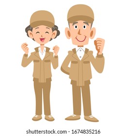 Senior man and woman in beige work clothes