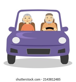 Senior Man And Woman In Car Driving Front View In Flat Design On White Background. Old Couple On Road Trip.