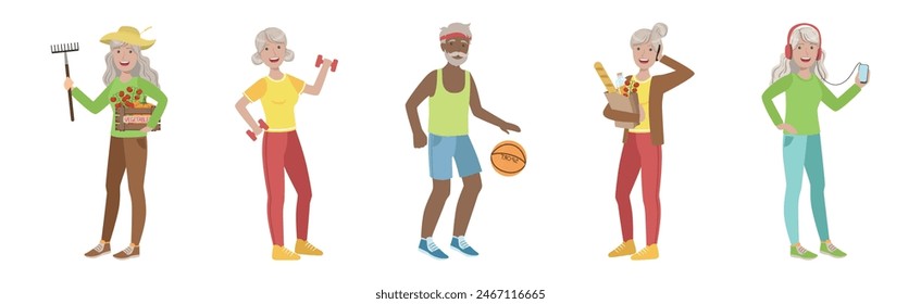 Senior Man and Woman Character Do Different Activity Vector Set