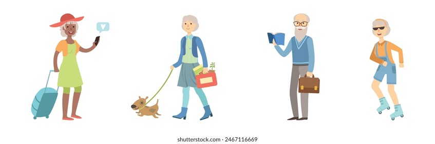 Senior Man and Woman Character Do Different Activity Vector Set