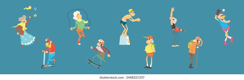 Senior Man and Woman Character Engaged in Different Activity Vector Set