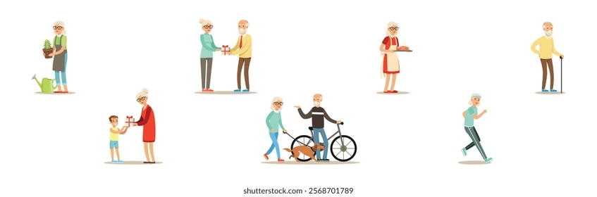 Senior Man and Woman Character Enjoy Retirement Vector Set