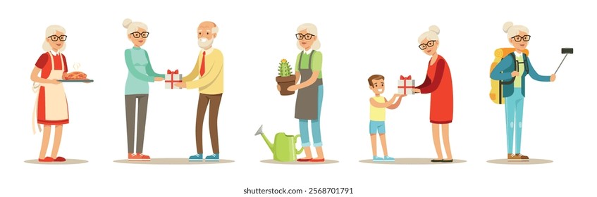 Senior Man and Woman Character Enjoy Retirement Vector Set