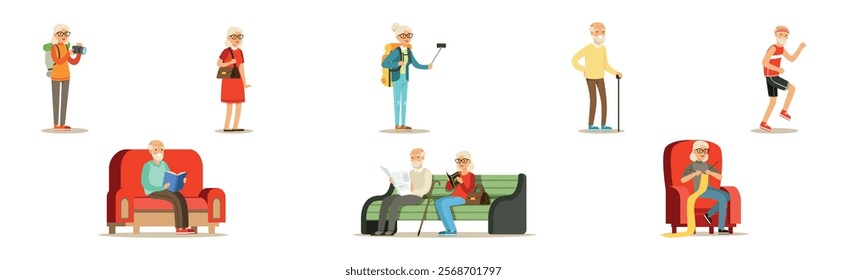 Senior Man and Woman Character Enjoy Retirement Vector Set