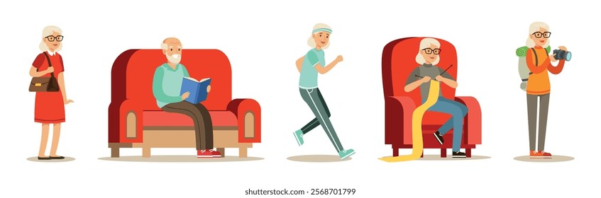 Senior Man and Woman Character Enjoy Retirement Vector Set