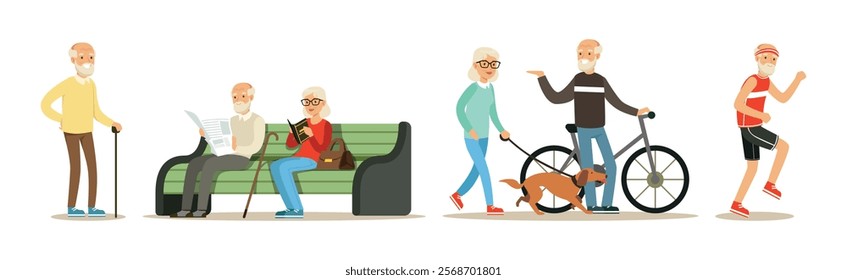 Senior Man and Woman Character Enjoy Retirement Vector Set