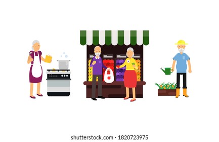 Senior Man and Woman Characters Engaged in Shopping, Gardening and Cooking Vector Illustration Set