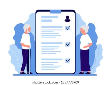 Senior Man And Woman Consultation Plan. Health Monitoring In Old Age Pensioner. Verification And Decoding Of Analyzes In Old Age. Gerontology. Vector Illustration