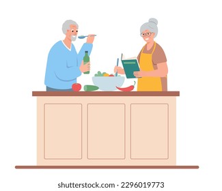 Senior Mann und Frau Kochen. Ältere Ehepaare verbringen Zeit zusammen. Aktiver Lebensstil und Hobby für Großeltern. Vektorgrafik oder flache Illustration.