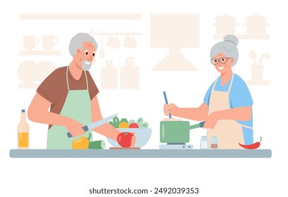 Senior man and woman cooking together. Elderly couple cook healthy food in kitchen. Active lifestyle and hobby for grandparents. Vector cartoon or flat illustration.