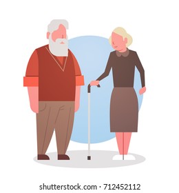 Senior Man And Woman Couple Grandmother And Grandfathr Gray Hair Icon Full Length Flat Vector Illustration