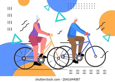 Senior Man Woman Cycling Aged Couple Riding Bicycle Workout Healthy Lifestyle Active Old Age Concept