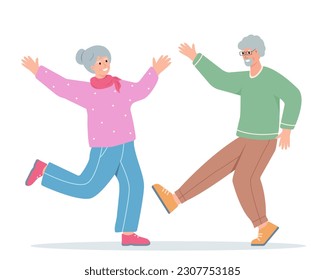 Senior man and woman dancing. Happy Elderly couple, old people active healthy lifestyle and hobbies concept. Vector cartoon or flat illustration isolated on white background.